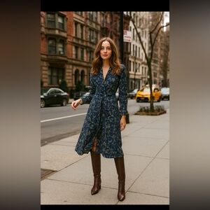 MICHAEL Michael‎ Kors Navy Floral Long Sleeve Button Down  Dress Sz S